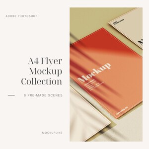 May include: A mockup of an A4 flyer with the word "Mockup" in white text on a peach background. The flyer is laying on a beige surface with a shadow cast from a light source above.