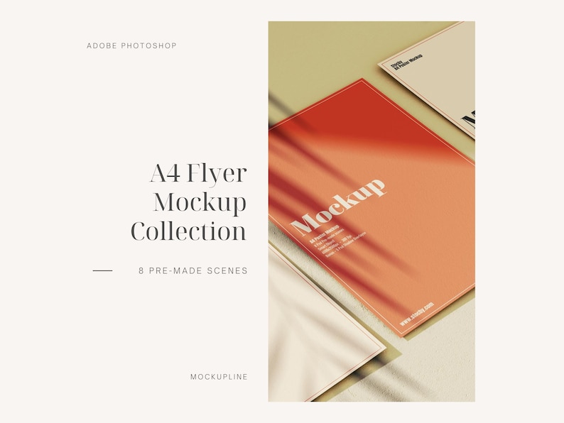 May include: A mockup of an A4 flyer with the word "Mockup" in white text on a peach background. The flyer is laying on a beige surface with a shadow cast from a light source above.
