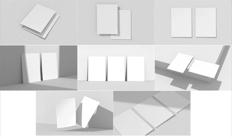 May include: A set of blank white cards in various arrangements, including stacked, fanned, and leaning against a wall. The cards are all the same size and shape, and they are perfect for showcasing your designs or messages.