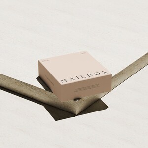 May include: A square, light beige cardboard box with the word MAILBOX printed in black capital letters on the top surface. The box features additional small black text printed on the top and side panels, presenting a clean and simple design.