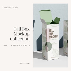Maqueta de caja alta: Envase para cosméticos y medicamentos (6 archivos PSD) (Descarga digital)