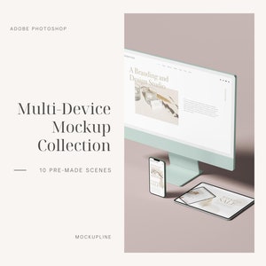 May include: A mockup collection featuring a desktop computer, tablet, and smartphone. The devices are displayed on a light brown surface and show a website with the text "A Branding and Design Studio".