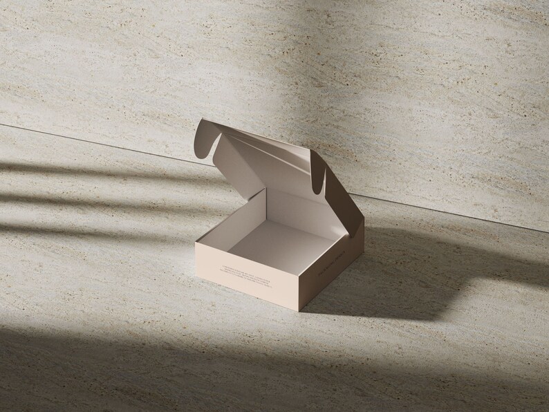 May include: A light beige cardboard shipping box with an open lid. The box features a square base and a hinged top flap. Small, dark, illegible text is printed on the front side of the box, while the interior of the box is a lighter shade.