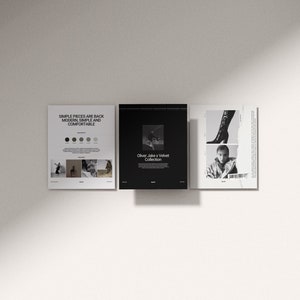 Pode incluir: Tr&ecirc;s p&aacute;ginas de revista com uma foto em preto e branco de uma pessoa vestindo uma jaqueta preta e uma bota preta. O texto na p&aacute;gina diz "Oliver Jabes x Velvet Collection".