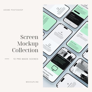 May include: A collection of 10 pre-made screen mockups for mobile devices. The mockups feature different designs and layouts, including a social media feed, a website landing page, and a product page. The mockups are all in a modern, minimalist style.