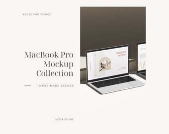 Op de afbeelding: Een mockup-collectie van 10 vooraf gemaakte scènes met een zilveren MacBook Pro-laptop met een witte achtergrond en de tekst "MacBook Mockup" op het scherm.