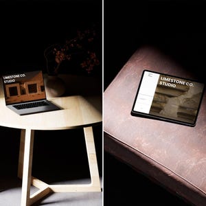 May include: A laptop and a tablet displaying the "LIMESTONE CO. STUDIO" logo. The laptop sits on a light wood table with a matching chair. The tablet rests on a brown leather surface. A vase with dried flowers is also visible.