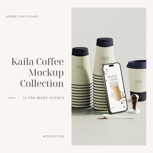 May include: A mockup collection of coffee cups with the brand name "Kaila" printed on them. The cups are stacked and arranged on a white surface. A smartphone with a coffee drink image and the text "Smooth, Creamy, Delicious" is also included in the scene.