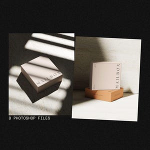 May include: Two square boxes featuring the word MAILBOX printed on the side. One box is light beige and positioned at an angle, while the other is a light beige box resting on a tan base. The text 8 PHOTOSHOP FILES is visible at the bottom.