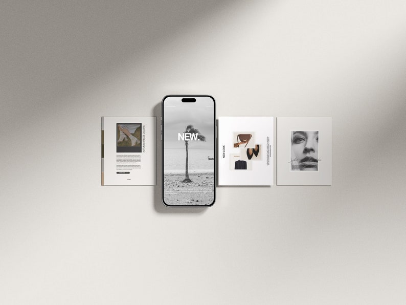 Pode incluir: Um smartphone preto com uma tela branca que exibe a palavra "NEW." A tela tamb&eacute;m mostra uma foto em preto e branco de uma palmeira em uma praia. O telefone est&aacute; cercado por quatro cart&otilde;es brancos com imagens de roupas e o rosto de uma mulher.