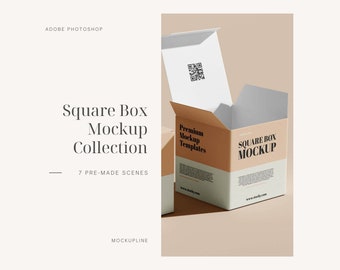 Square Box Mockup: Cosmetic Packaging Template (7 PSD) (Digital Download)