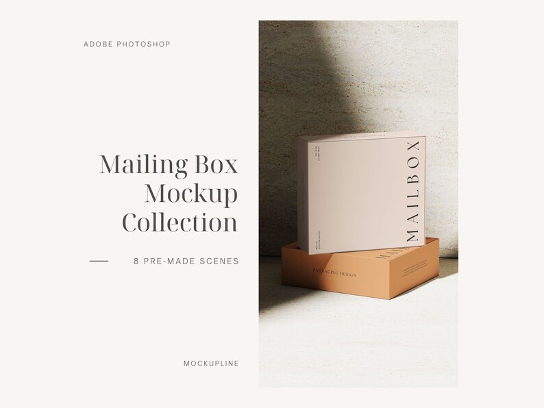 May include: A mailing box mockup collection featuring two rectangular cardboard boxes. The top box is light beige with the word MAILBOX printed vertically in black. The bottom box is orange with the text PACKAGING DESIGN printed on the side.
