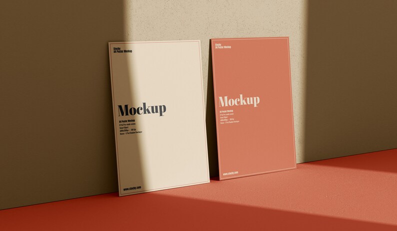 May include: Two A4 paper mockups, one with a cream background and the other with a coral background. Both mockups have the word "Mockup" printed in black text.