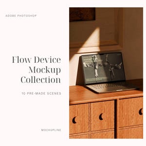 May include: A digital mockup collection for Adobe Photoshop titled Flow Device Mockup Collection with 10 pre-made scenes. The image displays a laptop on a wooden cabinet with circular drawer pulls, featuring text on the screen and the title text.