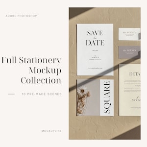 Download completo del mockup del branding, Mockup di carta A5, Mockup di biglietto da visita, Mockup di carta quadrata, Mockup di carta di invito, Modello Mockup A4