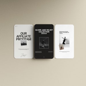 Pode incluir: Tr&ecirc;s telas de smartphone com texto e imagens. A primeira tela diz "OUR AFFILIATE PROGRAM" com uma foto e uma assinatura. A segunda tela diz "OLIVER JAKE VELVET COLLECTION 2024/25" com uma foto. A terceira tela diz "Simple pieces are back. Modern, comfortable and minimal" com uma foto.