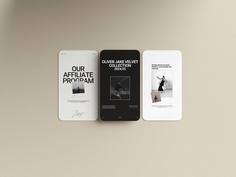 Pode incluir: Tr&ecirc;s telas de smartphone com texto e imagens. A primeira tela diz "OUR AFFILIATE PROGRAM" com uma foto e uma assinatura. A segunda tela diz "OLIVER JAKE VELVET COLLECTION 2024/25" com uma foto. A terceira tela diz "Simple pieces are back. Modern, comfortable and minimal" com uma foto.