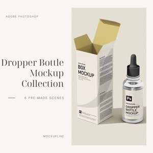 May include: A mockup of a clear glass dropper bottle with a black dropper and a white label. The label has the text "MOCKUPLINE DROPPER BOTTLE MOCKUP" on it. The bottle is sitting next to a closed cardboard box with the text "MOCKUPLINE BOX MOCKUP" on it.