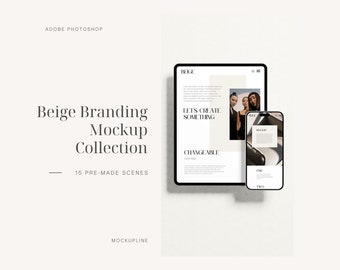 Könnte beinhalten: Mockup eines Tablets und eines Telefons, auf denen eine Website mit einem beigefarbenen Farbschema angezeigt wird. Die Website zeigt den Text "BEIGE", "LET'S CREATE SOMETHING" und "CHANGEABLE".