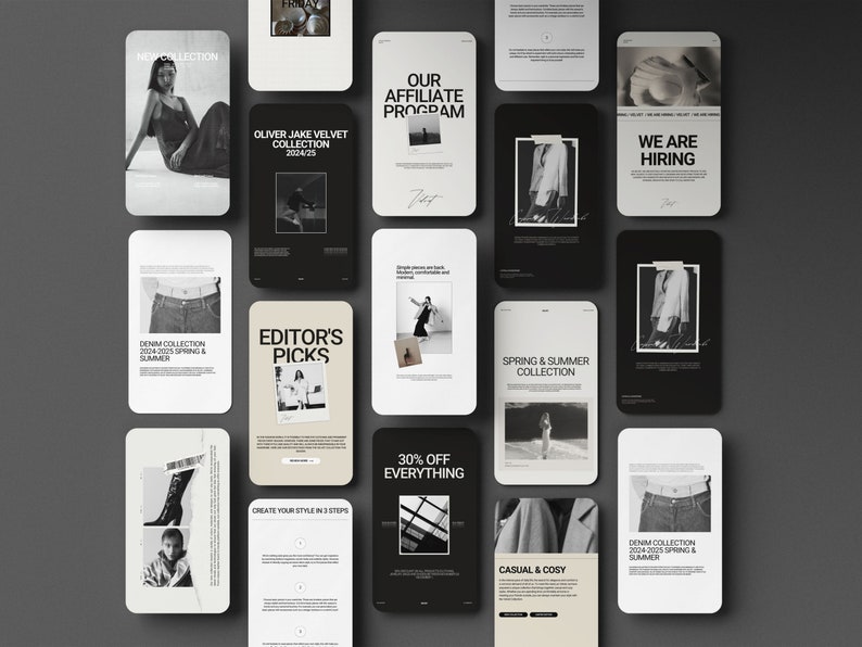 Pode incluir: Uma cole&ccedil;&atilde;o de telas de telefones celulares com v&aacute;rios conte&uacute;dos relacionados &agrave; moda. As telas apresentam imagens de roupas, modelos e texto como "New Collection", "Denim Collection" e "Spring & Summer Collection". O esquema de cores &eacute; principalmente preto, branco e bege.