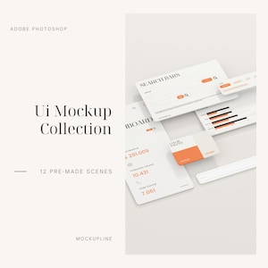 May include: A mockup collection of 12 pre-made scenes for user interface design. The scenes feature a variety of elements, including search bars, charts, and a colour palette. The text "SEARCH BARS" and "COLOR PALETTE" is visible on the mockups.