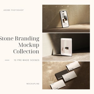 Stone Branding Mockup Collection, Macbook Mockup, iPad Mockup, iPhone Mockup, A4 Mockup, a4 Flyer Mockup, Visitekaartje Mockup