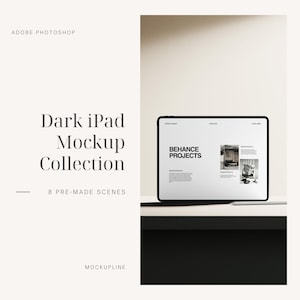Peut inclure: Une maquette d'iPad gris foncé avec un écran blanc affichant le texte "Behance Projects". L'iPad est sur une surface blanche avec un fond noir.