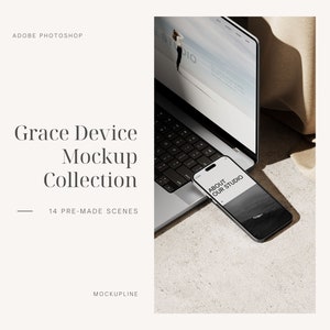 May include: A mockup of a laptop and a smartphone on a gray surface. The laptop screen shows a website with the text "Studio". The smartphone screen shows a website with the text "About Our Studio".