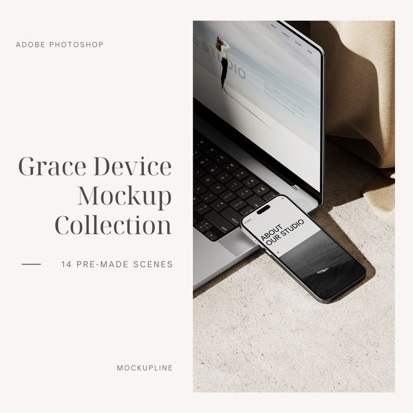 Grace Device Mockup Bundle Set, Macbook Mockup, iPad Mockup, iPhone Mockup, Instagram Mockup, Branding Mockup, Multi Device Mockup