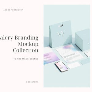 May include: A branding mockup collection with 15 pre-made scenes. The collection includes a light blue shopping bag, a light blue box, a smartphone, and various pieces of stationery with a light blue and pink color scheme.