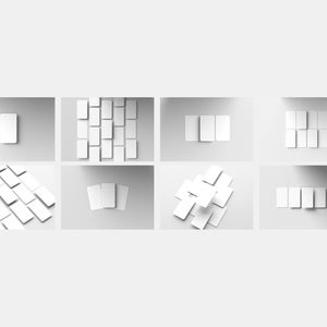 Pode incluir: V&aacute;rios cart&otilde;es retangulares brancos com cantos arredondados dispostos em diferentes configura&ccedil;&otilde;es sobre um fundo cinza claro. Os cart&otilde;es est&atilde;o em branco, sugerindo uso para apresenta&ccedil;&atilde;o ou design. Sombras suaves.