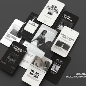 Pode incluir: Uma cole&ccedil;&atilde;o de mockups de telem&oacute;veis a preto e branco com sobreposi&ccedil;&otilde;es de texto como "Our Affiliate Program", "We Are One Team" e "New Collection". A imagem tamb&eacute;m inclui o texto "Changeable Background Colors".