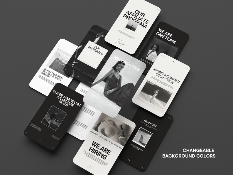 Pode incluir: Uma cole&ccedil;&atilde;o de mockups de telem&oacute;veis a preto e branco com sobreposi&ccedil;&otilde;es de texto como "Our Affiliate Program", "We Are One Team" e "New Collection". A imagem tamb&eacute;m inclui o texto "Changeable Background Colors".
