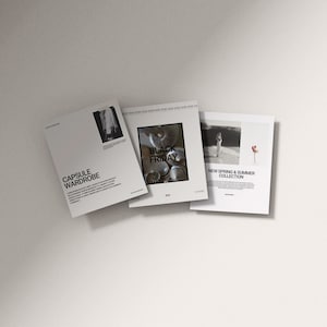 Pode incluir: Tr&ecirc;s folhetos brancos com texto preto e imagens. O folheto &agrave; esquerda diz "Capsule Wardrobe". O folheto do meio diz "Black Friday". O folheto &agrave; direita diz "Nova cole&ccedil;&atilde;o de primavera e ver&atilde;o".