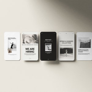 Pode incluir: Uma s&eacute;rie de cinco telas de smartphones com designs minimalistas. As telas exibem texto como "WE ARE HIRING", "NEW POST" e "SPRING & SUMMER COLLECTION". Cada tela apresenta uma imagem e um layout de texto diferentes, com uma paleta de cores neutras.