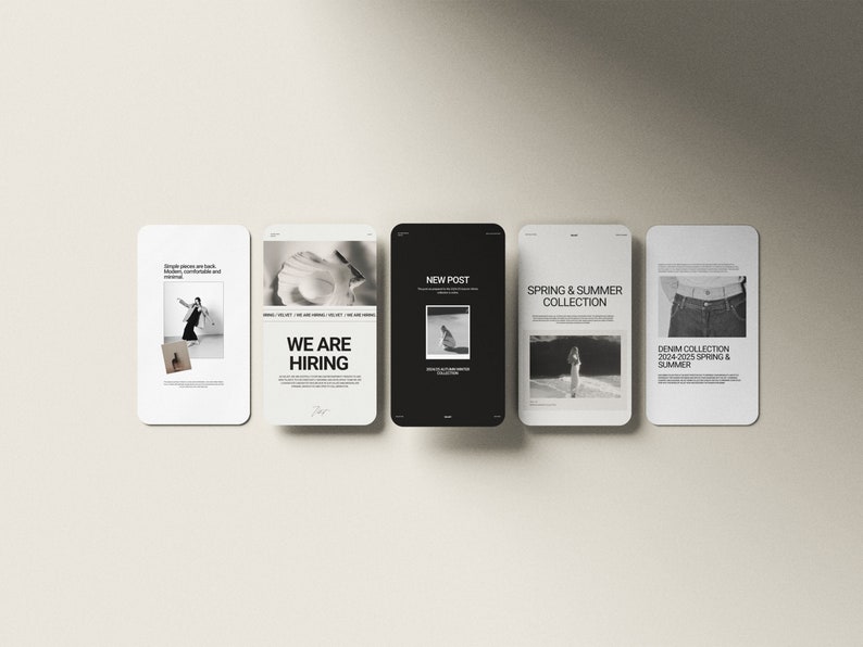 Pode incluir: Uma s&eacute;rie de cinco telas de smartphones com designs minimalistas. As telas exibem texto como "WE ARE HIRING", "NEW POST" e "SPRING & SUMMER COLLECTION". Cada tela apresenta uma imagem e um layout de texto diferentes, com uma paleta de cores neutras.