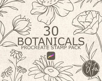 May include: A set of 30 botanical illustrations for Procreate, featuring flowers, leaves, and stems in a black and white line art style. The text "30 Botanicals Procreate Stamp Pack" is included in the image.