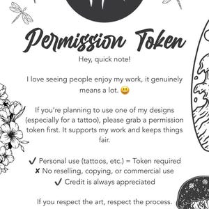 Può includere: Grafica con il testo "Permission Token" e un logo circolare. Il testo spiega la necessità di un token di autorizzazione per l'uso personale dei disegni, in particolare per i tatuaggi, e sottolinea il rispetto per l'arte e il sostegno agli artisti indipendenti.