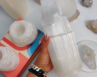Large Selenite Skyscraper Lamp | Radiant Elegance and Soothing Light