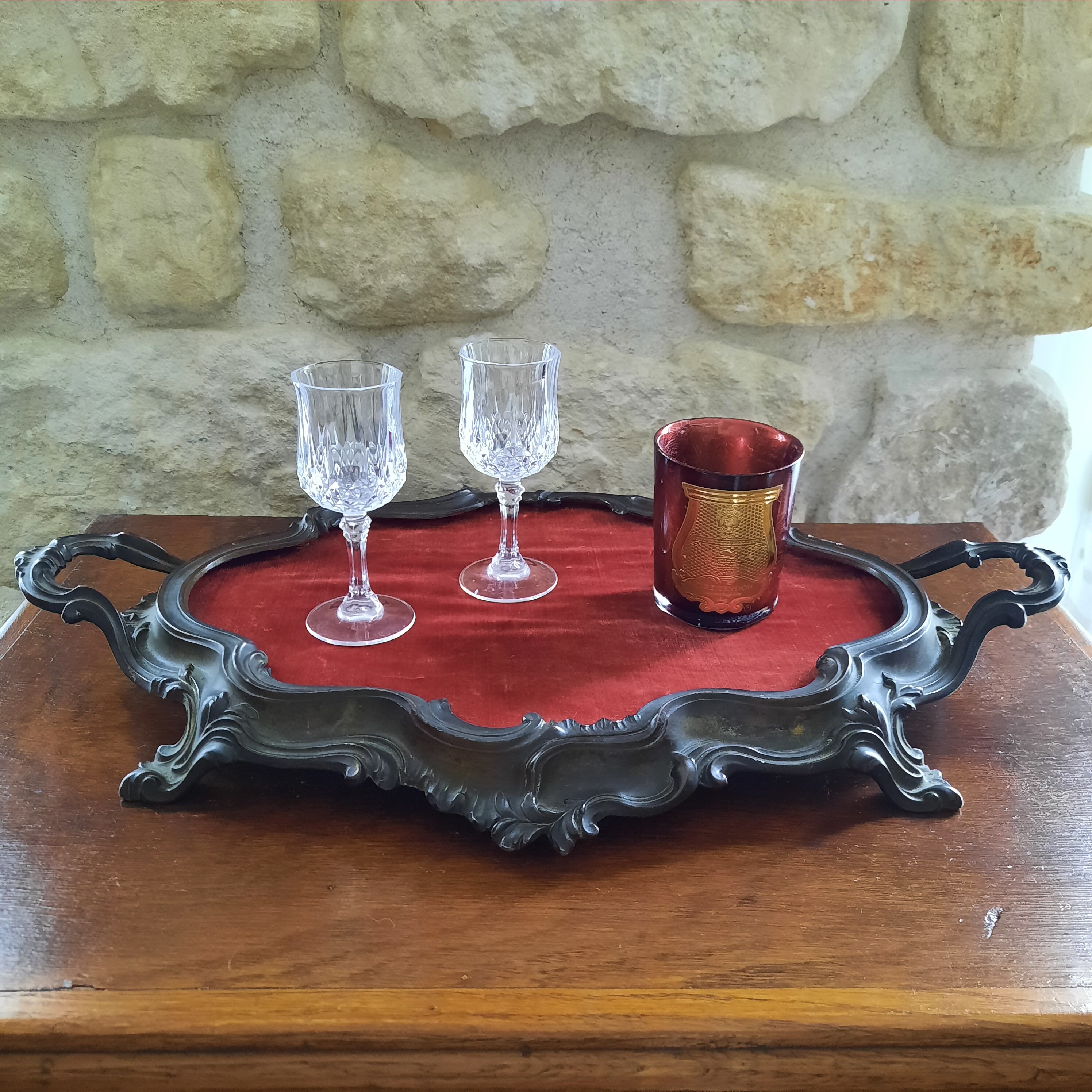 Rare Plateau Présentoir en Étain et Velours, Époque Napoléon Iii