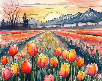 Tulip Flower Drawing Outline/Landscape Drawing Outline,Template Printable Traceable PDF Coloring Page.