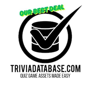 May include: A black and white graphic with the text "OUR BEST DEAL" in green and yellow. The graphic features a database icon with a checkmark inside a black circle. The website address TRIVIADATABASE.COM is displayed below.
