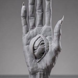 May include: A gray sculpture of an elongated hand with sharp, pointed fingernails. The palm features a central, circular opening that reveals a layered, swirling, organic form embedded within the center of the hand structure.