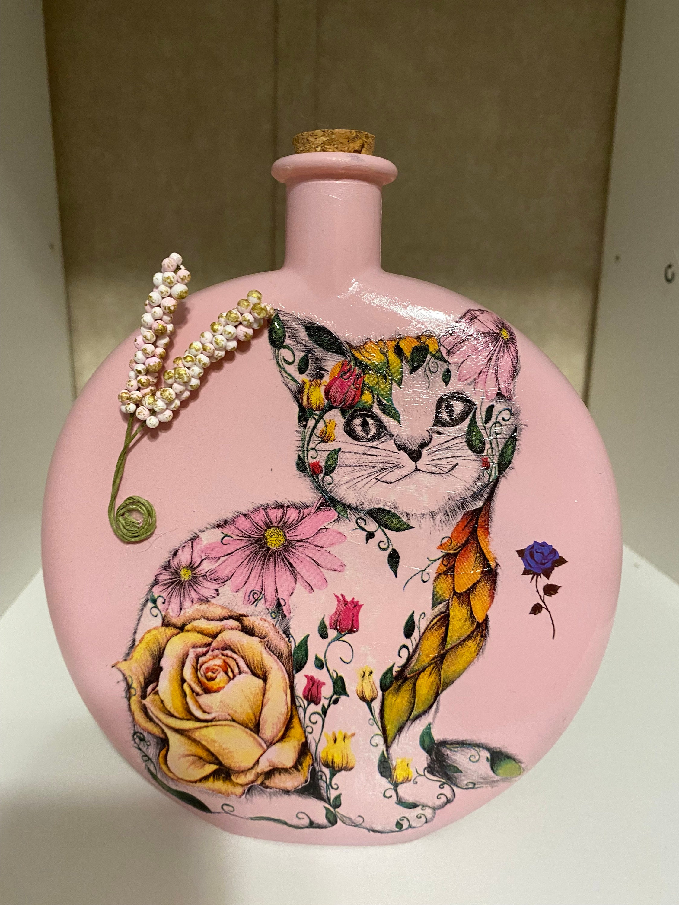 Pink RoundFlat Kitten Bottle with Flowers Etsy