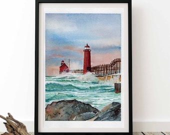 May include: Watercolor painting of two red lighthouses on a pier with crashing waves. The sky is a soft blue with pink and orange hues. The painting is framed in black.
