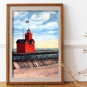 Big Red Lighthouse | Holland Harbor Lighthouse | Lake Michigan | Michigan Art | Watercolor Lighthouse