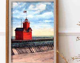Lámina de acuarela del Gran Faro Rojo / Arte de Holland Harbor, Michigan