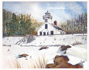 Lighthouse watercolor print | Old Mission Point Michigan | Watercolor print | Pure Michigan | Grand Travers Bay