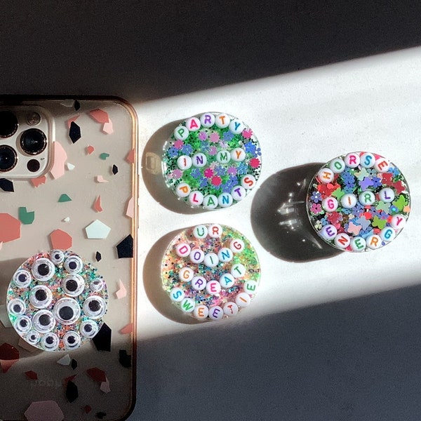 Custom Phone Grips—Glitter-Infused Resin + Rainbow Letters + Googly Eyes