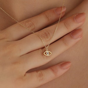 14K Solid Gold Evil Eye Necklace, Dainty Sapphire Necklace, Diamond Necklace, Maid of Honor Gift, Gift for Women, HXW05